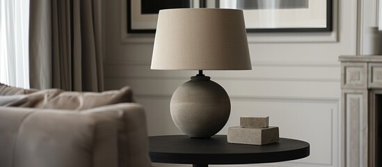 Photograph of a lamp positioned on top of a black table in a room with grey and white decor, providing ample space for text.