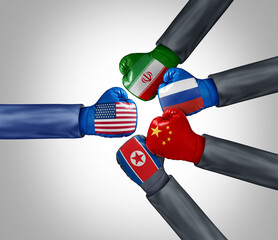 USA Versus Russia China North Korea And Iran as a strategic economic and political partnership and foreign policy alliance to compete with American government policies or trade war and sanctions issue - 788518941