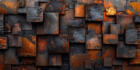 Dark gray and orange metal cubes with rusted textures,, Dark abstract metal blocks with orange rust textures background, dark gold orange square block wall background