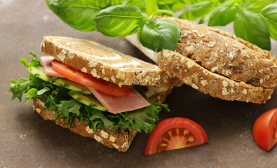 rye bread sandwich with vegetables and ham - 788519770