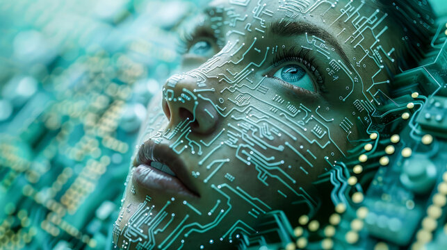 Abstract concept of digital beautiful woman face standing out from printed circuit board. Fusion of man and modern artificial intelligence technologies. In green tones, LED backlight, binary code.