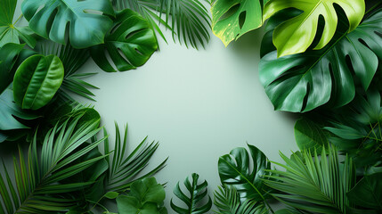 frame of tropical leaves. The central copy space space within the frame makes it ideal for nature-themed designs or as a vibrant background. 