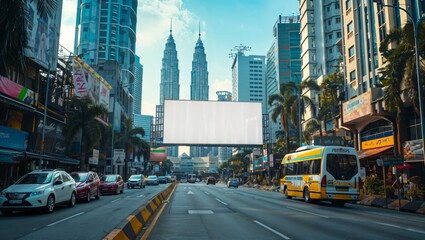 Vertical billboard mock up on a crowded avenue in Kuala Lumpur, framed by the iconic Petronas Towers in the distance - obrazy, fototapety, plakaty