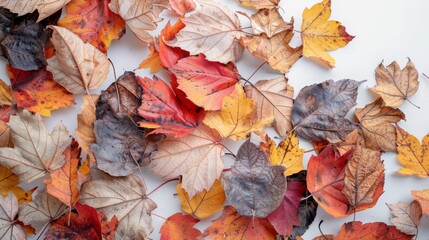A pile of colorful autumn leaves on a white background. - obrazy, fototapety, plakaty