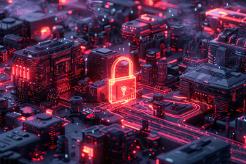 A digital cityscape pulsates with life, centered around a glowing red lock symbolizing robust cybersecurity in an urban tech hub