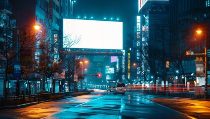 Obraz premium Mock up of a large blank vertical billboard on a bustling street corner in Tokyo