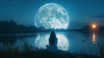 Moonlit sorceress, summoning spell, enchantment under moon, wide angle, serene reflection, mystical aura - obrazy, fototapety, plakaty