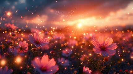 Star-fall meadow, celestial bloom, blossoms of the cosmos, dynamic field, evening spectacle, astral beauty