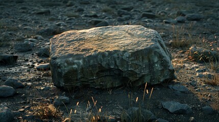 A large rock sits on a rocky field. - obrazy, fototapety, plakaty
