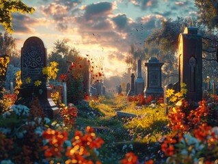 A beautiful cemetery with tombstones and flowers - obrazy, fototapety, plakaty