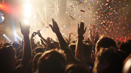 A crowd with raised hands amidst confetti at a concert.