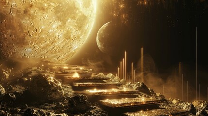 Obraz premium A golden staircase leads up to a glowing moon.