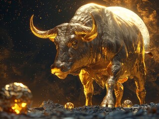 A golden bull stands in front of a dark background. The bull is muscular and has its head lowered. It is surrounded by glowing yellow spheres.