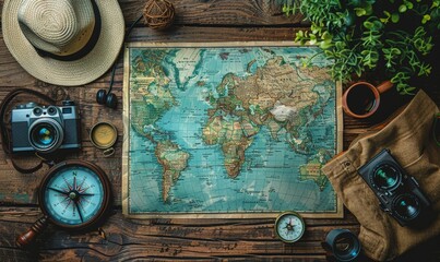 top view of a wooden surface with a world map, a hat a compass and other travel accessories
