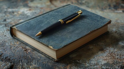A black pen resting on a vintage book. - obrazy, fototapety, plakaty