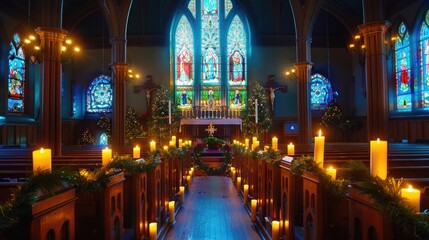 A serene candlelit church scene, with stained glass windows casting colorful patterns of light on wooden pews adorned with festive greenery, offering a tranquil setting for holiday worship and reflect