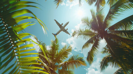 Airplane Flying Low Over Lush Palm Trees on Sunny Day