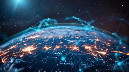A digital composite of planet Earth at night showing city lights and a glowing network of connections. - Powered by Adobe