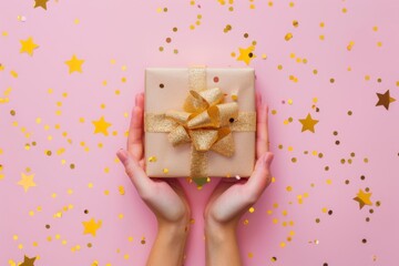 Hands holding a gift box with a golden ribbon on a pink background, A birthday or mother's day celebration 