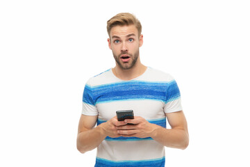 Man blogging on phone. Modern chat communication. Man blogger use smartphone. Surfing internet and blogging. Chatting and texting SMS. Millennial man chat online. Online shopping - 788523552