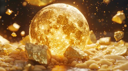 A golden moon glowing in the night sky surrounded by floating gold nuggets.