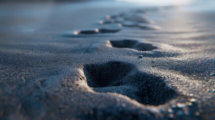 Close-up of footprints in wet sand - obrazy, fototapety, plakaty