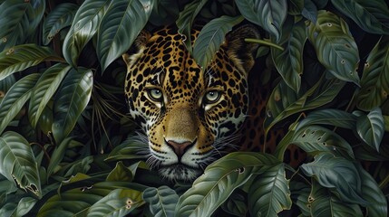 A solitary jaguar, camouflaged among the dense foliage of the Amazon rainforest, its golden eyes gleaming with intelligence as it waits patiently for its next meal.