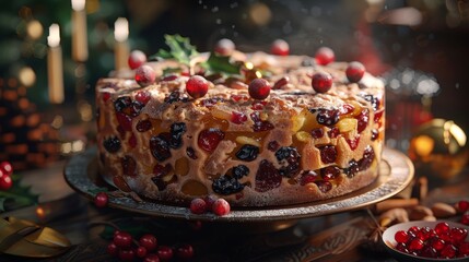 A round fruitcake sits on a golden cake stand. It is decorated with red and green candied fruit and dusted with powdered sugar. There are also some loose cranberries and nuts scattered on the table. T