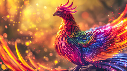 Fototapeta premium background of a rainbow phoenix bird flying in a sky full of clouds. 3D rendering. Rainbow Phoenix wallpaper 