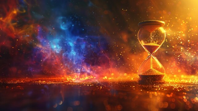 An hourglass timer with blue and orange smoke and sparkles.
