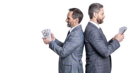 successful business men investors. financial investment. businessmen with money isolated on white. businessmen invest money in business. successful business brings money. copy space - 788524301