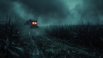 A combine harvester drives through a corn field at night during a thunderstorm.