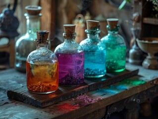 Obraz na płótnie Canvas Four magic potion bottles with colorful liquids on a wooden table