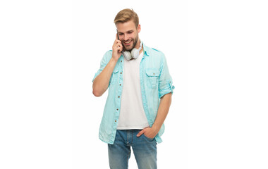 Phone call. Mobile connection. Guy with headphones. Student lifestyle. Modern communication. Man speak on phone isolated on white. Millennial man has phone call. Man talk on cellphone. Good news - 788524752