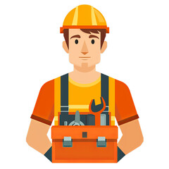 Fototapeta premium An illustration of a determined construction worker holding a toolbox and a hammer., PNG, icon