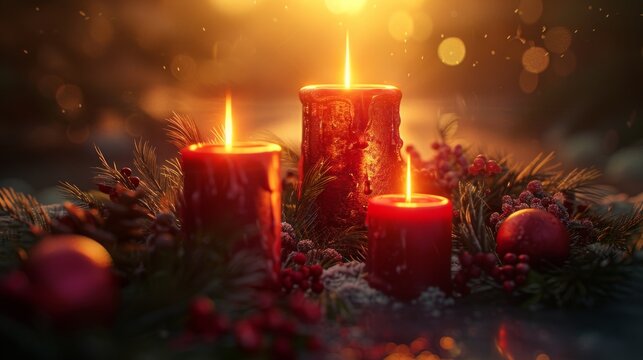 Three red candles are burning brightly, surrounded by a wreath of holly and berries. The candles are casting a warm glow, and the scene is peaceful and serene.