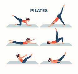 Set of poses woman Pilates. Flat style cartoon vector illustration.