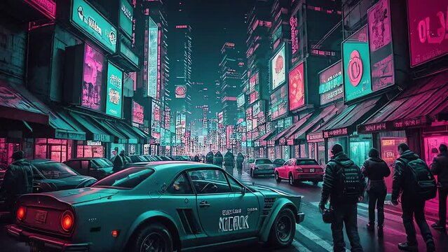 Cyberpunk cityscape in neon style. Cyberpunk metropolis with futuristic technologies, cars, buildings and peoples at night, flipbook style animation. Ultra violet neon light glow.Urban virtual reality
