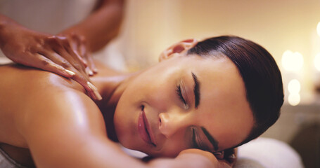 Spa, treatment and back massage for woman, smile and spine for stress relief. Pamper, beauty and...