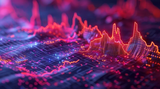 A glowing red and blue circuit board with a glowing red and blue wave pattern over it.