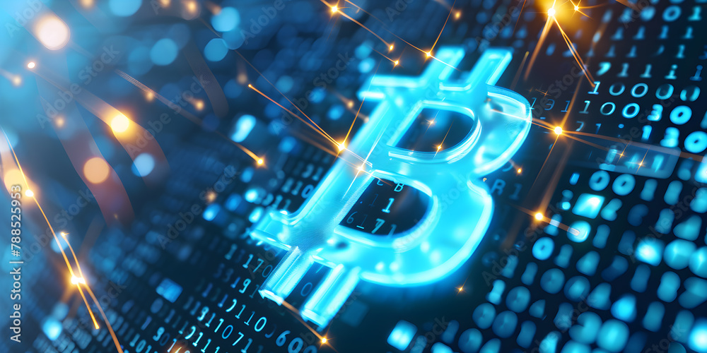 Wall mural Blue Bitcoin banner Bitcoin header banner Bitcoin background Cryptocurrency banner Cryptocurrency background Crypto banner Crypto background