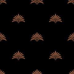 Seamless geometrical pattern with ethnic Ancient Greek palmette motifs. Orange brown floral silhouettes on black background.