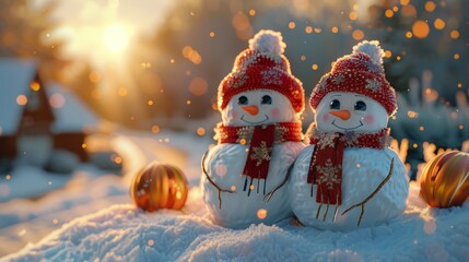 Two snowmen standing in a snowy field, wearing red hats and scarves, with a sunset in the background. - obrazy, fototapety, plakaty