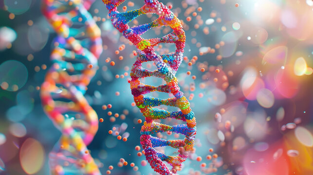 Close-Up of Two DNA Strands on a Colorful Background