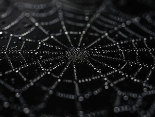 A close up of a spider web with water droplets on it. - obrazy, fototapety, plakaty