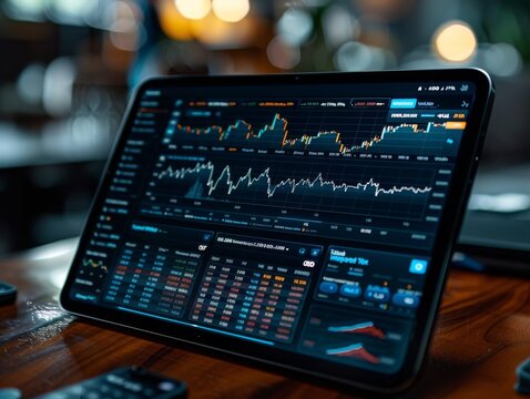A tablet displaying a stock market app with live stock prices and charts.