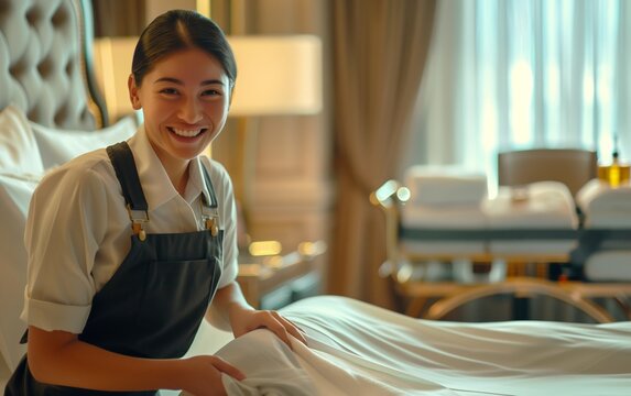 Chambermaid in Uniform Folding Fitted Sheet on Hotel Bed, Hospitality, Cleanliness, Luxury Accommodation.