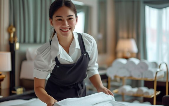 Chambermaid in Uniform Folding Fitted Sheet on Hotel Bed, Hospitality, Cleanliness, Luxury Accommodation.