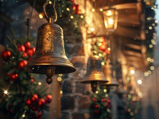 A close-up of a hanging golden bell with a red ribbon. The bell is decorated with holly and berries. The background is blurry and contains a few out of focus lights.