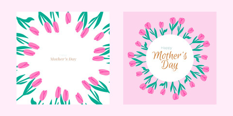 Happy Mothers Day. Vector illustration set with pink tulips. Design templates for card, banner, invitation.